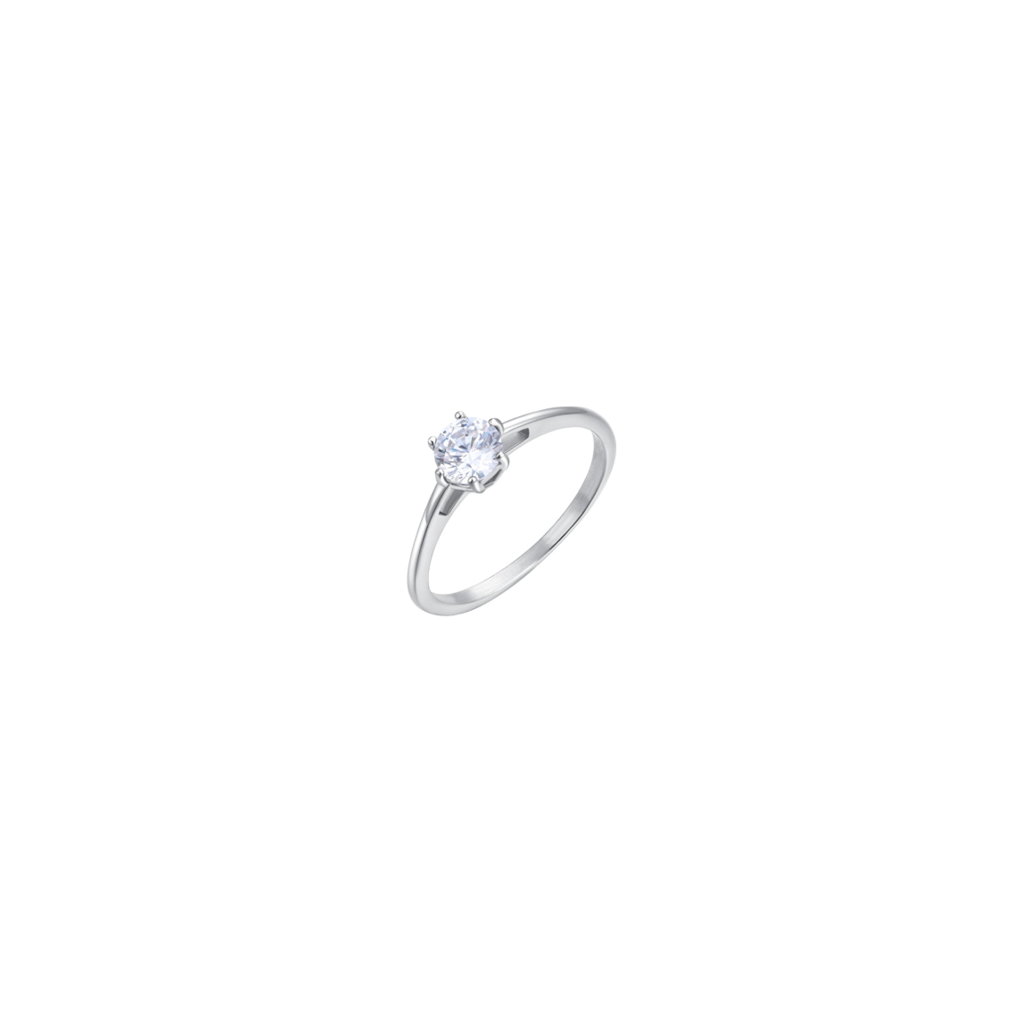 Silver-toned steel solitaire ring with a round white crystal in a four-prong setting on a smooth band.