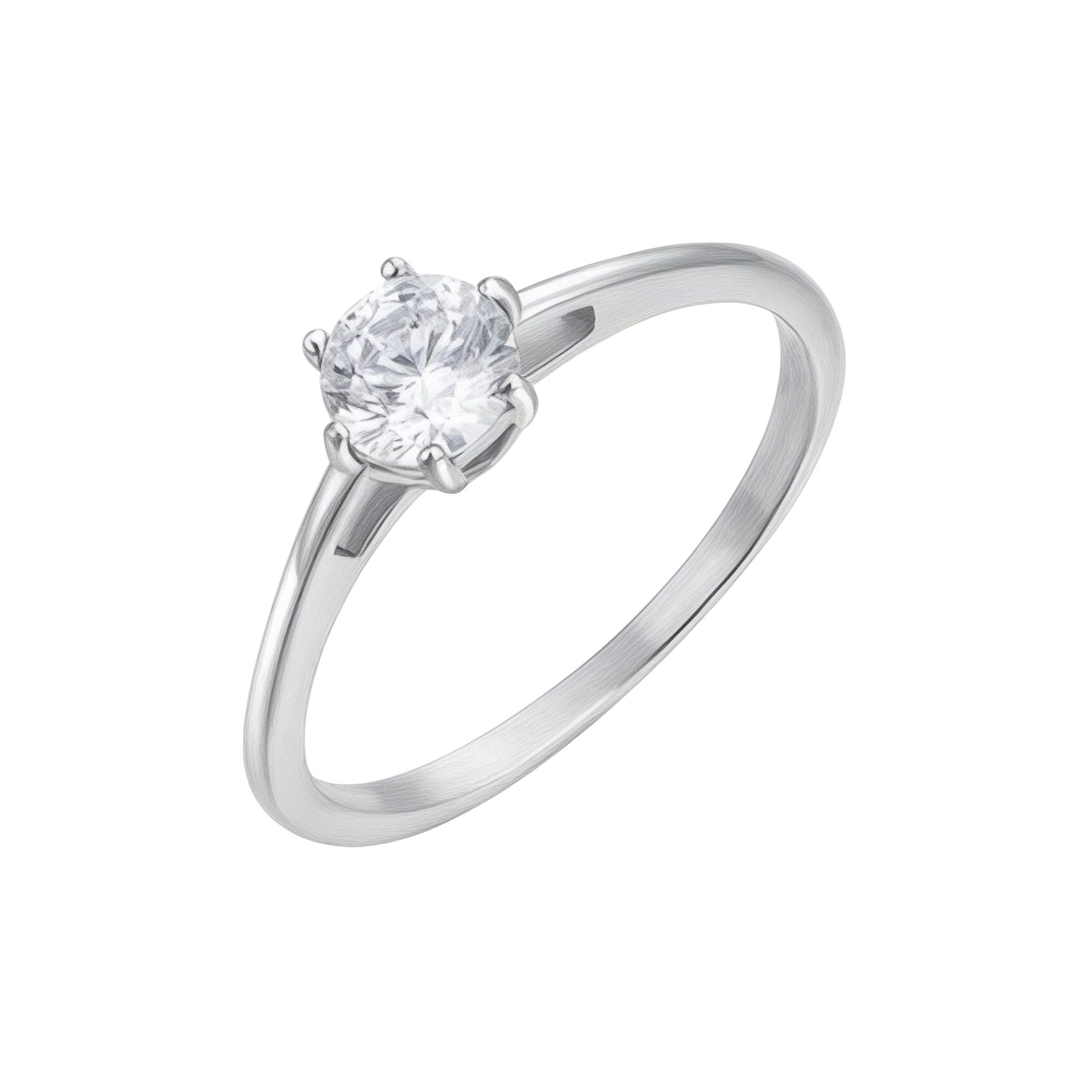 Silver-toned solitaire ring with a round, clear faceted crystal held by a four-prong setting.