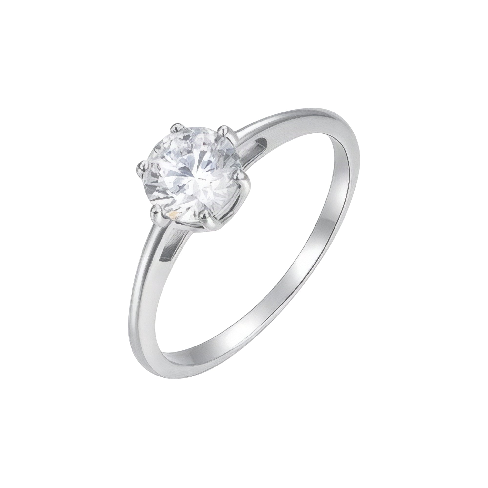Silver-toned solitaire ring with a round white crystal in a six-prong setting.