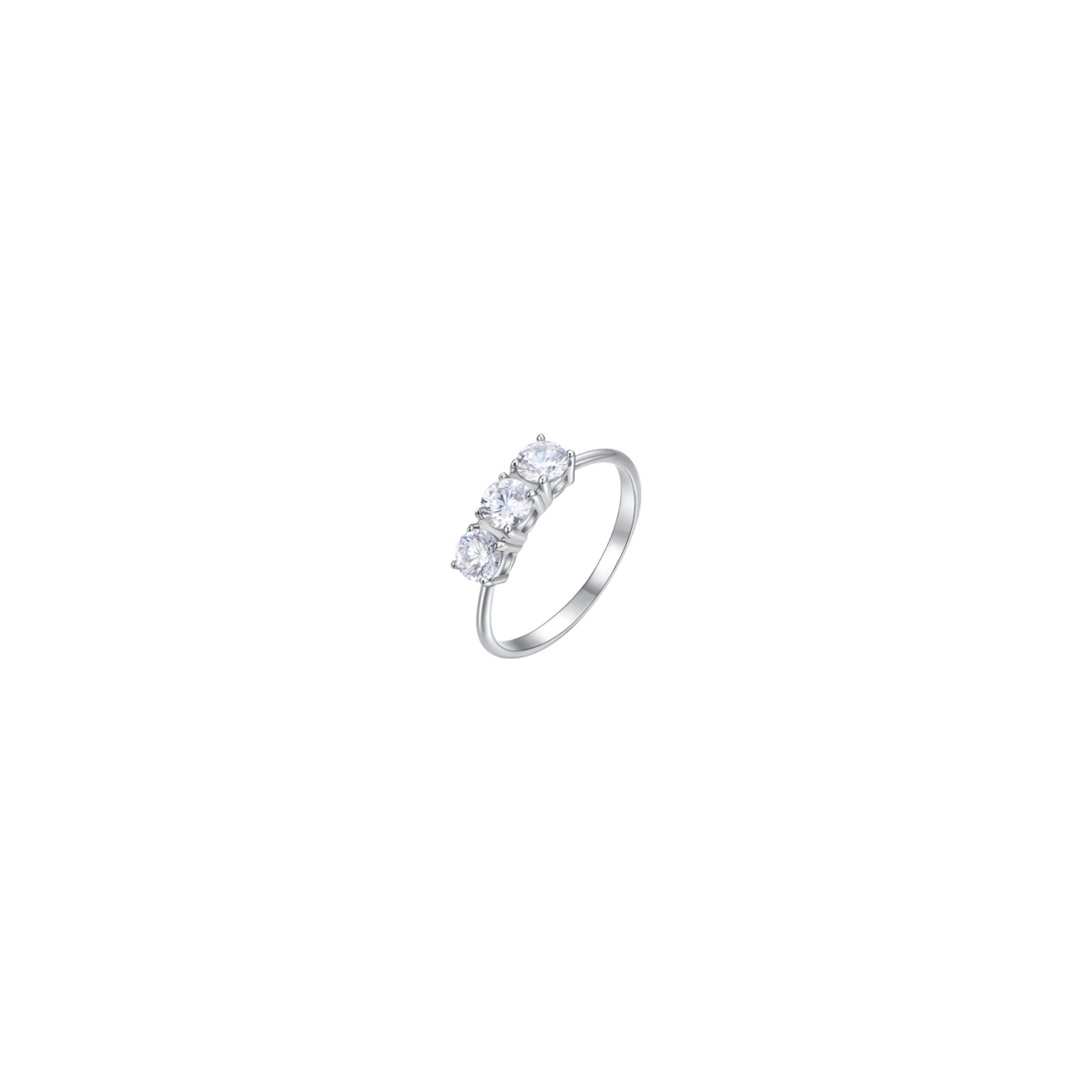 Silver-toned steel ring with three round white crystals set in a row.