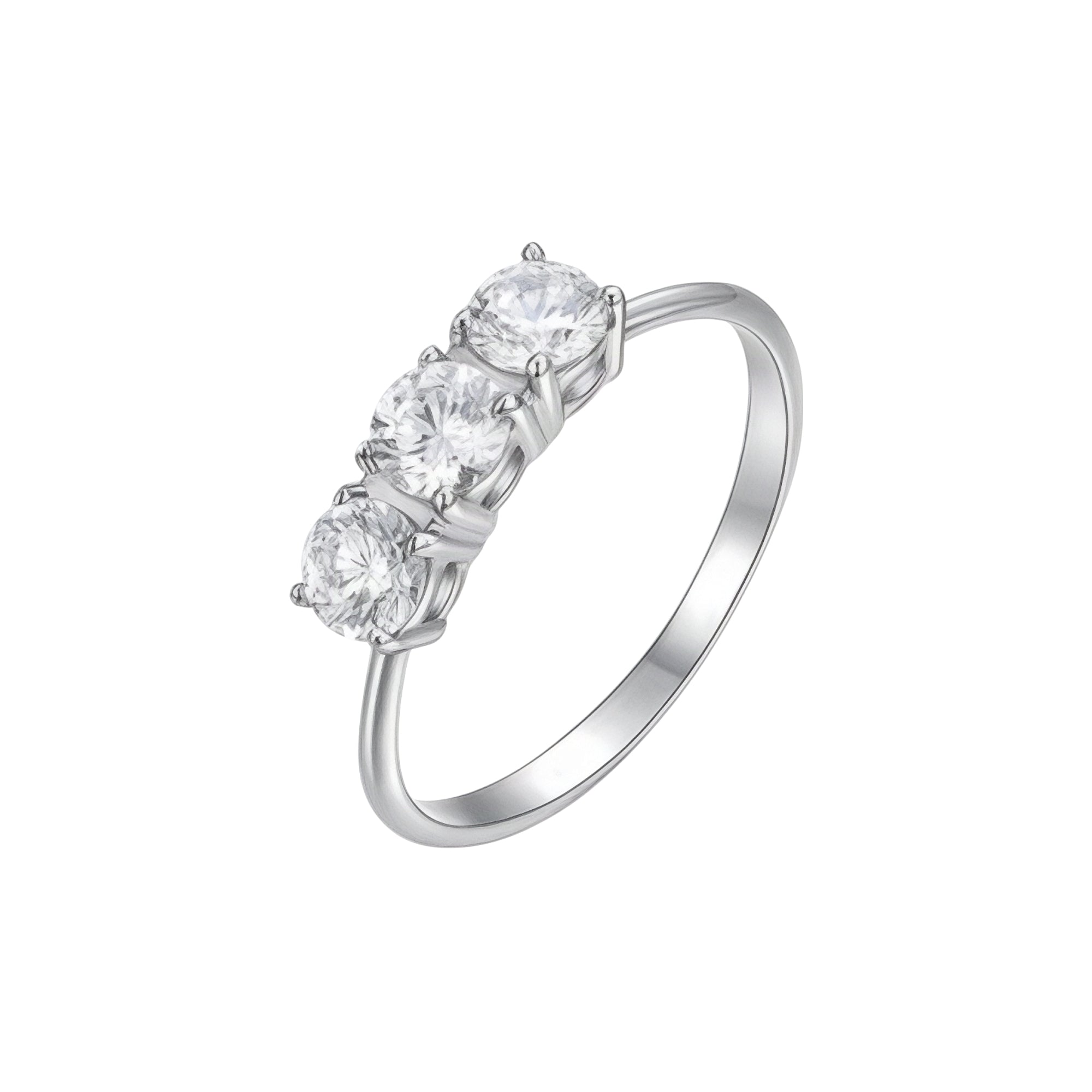Silver-toned steel trilogy ring with three round white crystals set in prongs.