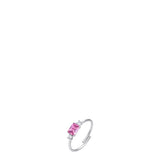 Silver-toned open-ended steel ring with a central pink rectangular zircon and two clear round zircons