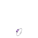 Silver-toned adjustable steel ring with a central rectangular purple zircon and two small round white zircons.