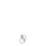 Silver-toned steel ring with a clear round zircon on one end and a treble clef musical note on the other.