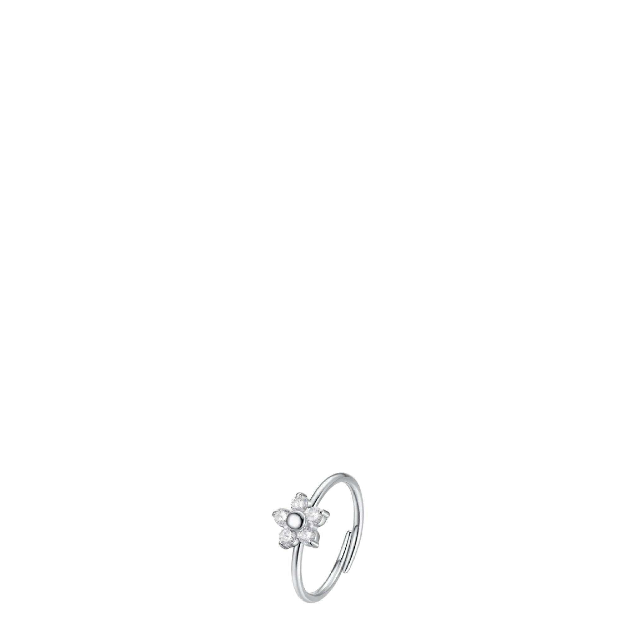 Silver-toned steel ring with an adjustable open band. A flower design with five white zirconia petals and a white pearl cente