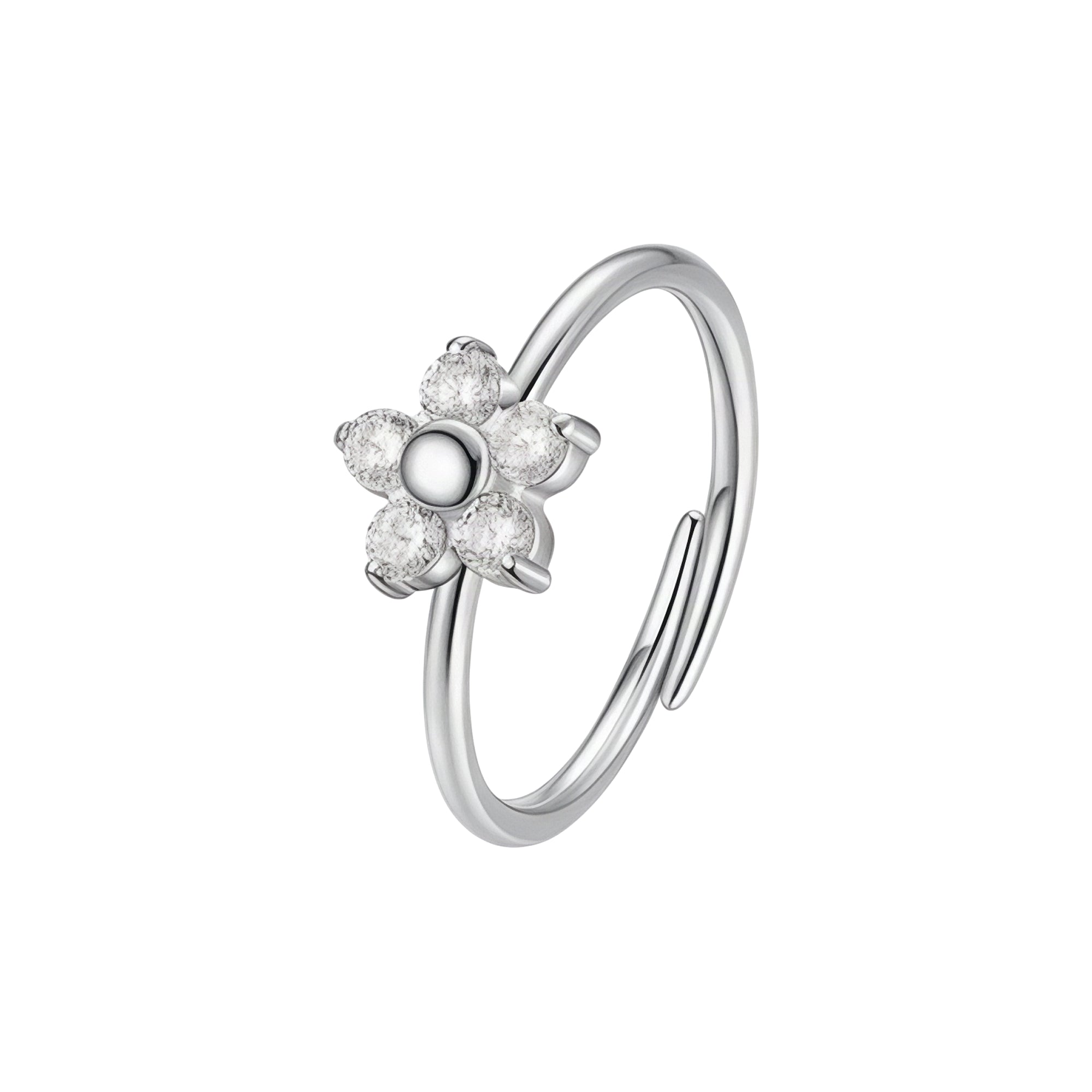 Silver-toned steel ring with an adjustable band, featuring a five-petal flower design with white zirconia stones and a polish