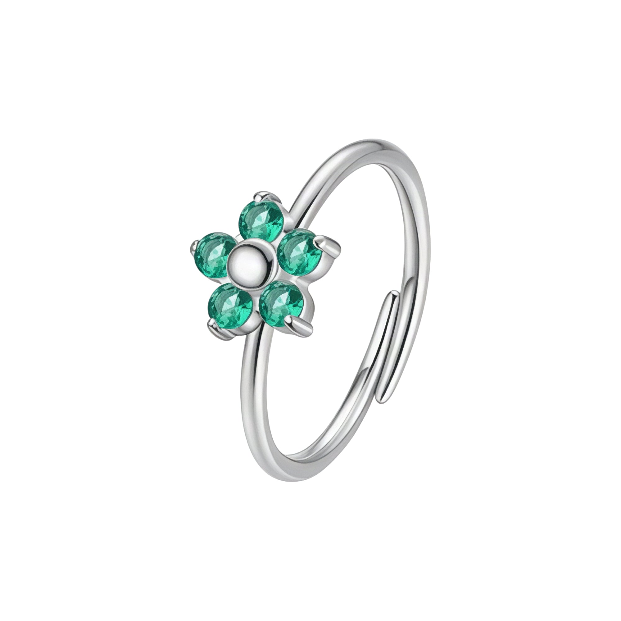 Silver-toned adjustable steel ring with a flower design, featuring a white centre and five green zircons.