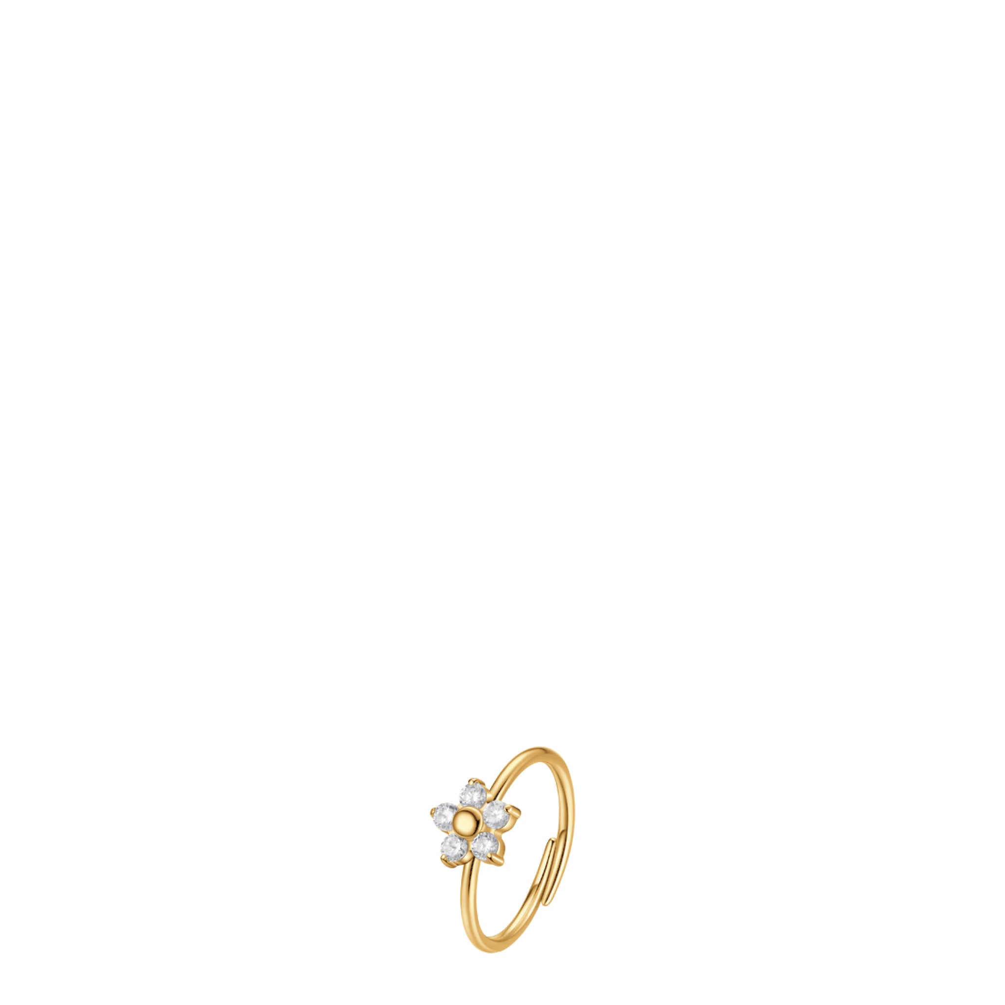 Gold-toned adjustable ring with a flower design featuring a central gold-toned bead and five white zirconia petals.