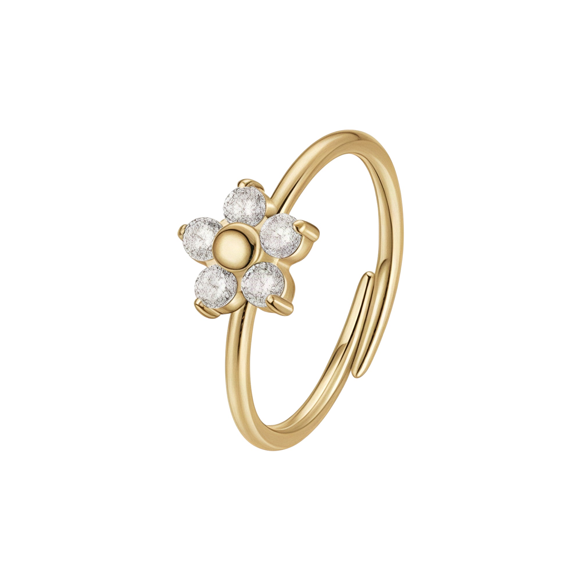Gold-toned steel adjustable ring with a five-petal flower motif, featuring a central bead and five white zirconia stones.