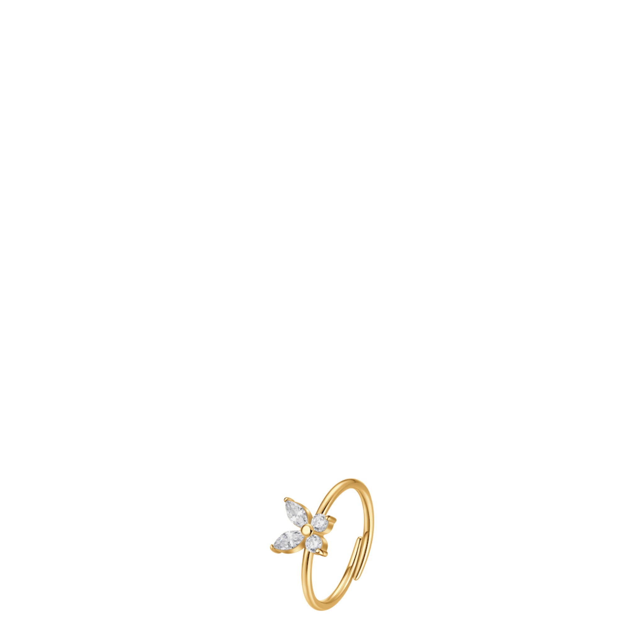 Gold-toned adjustable ring with a butterfly design featuring four marquise-cut white zircons around a round white zircon.