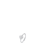 Silver-toned open-band ring with a four-leaf clover motif, each leaf set with a clear white zircon stone.