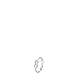 Silver-toned steel ring with an infinity symbol design, one loop embellished with white zircons.