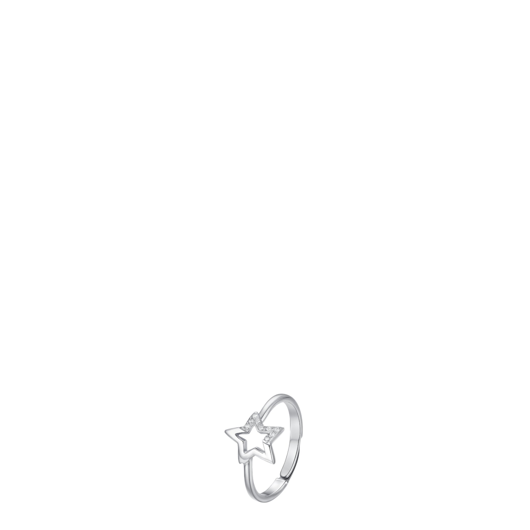 Silver-toned steel ring with an open star design, featuring white zircons along one side of the star outline.