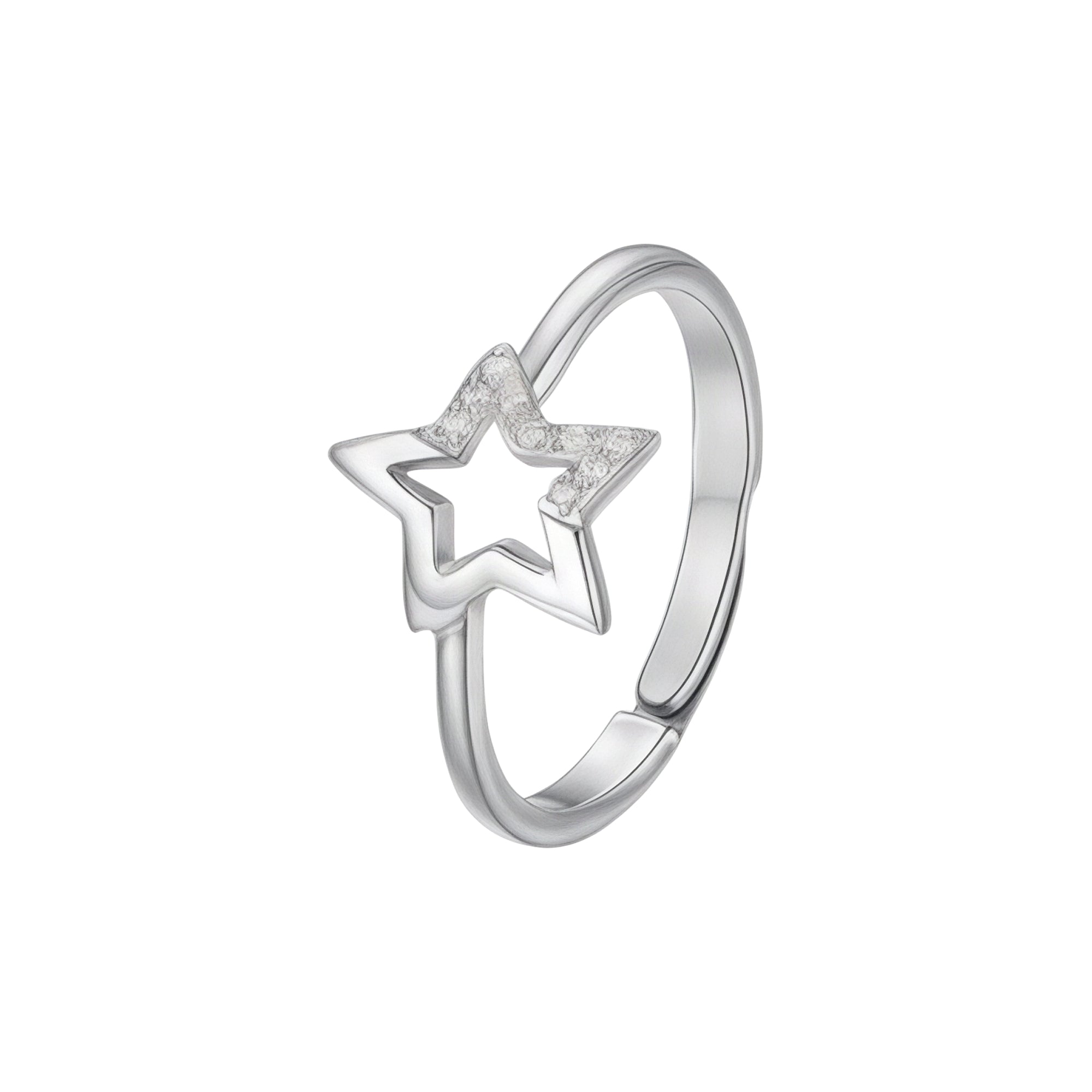 Silver-toned open-band ring with a star motif, featuring an outer outline and an inner section embellished with white zircons