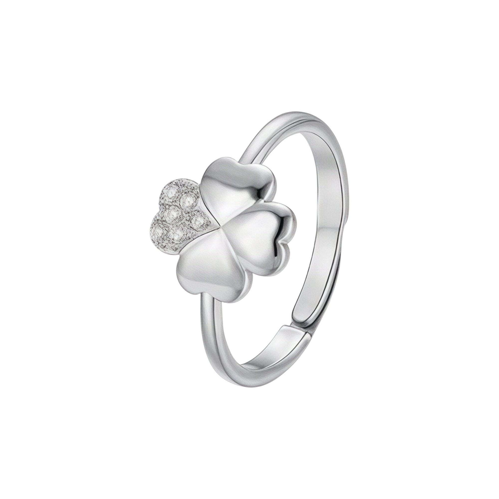 Silver-toned steel adjustable ring with a four-leaf clover design, one leaf encrusted with white zircons.