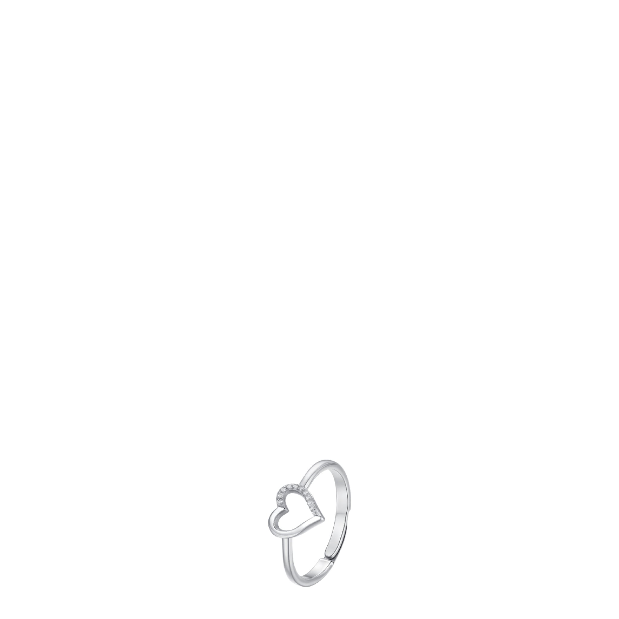 Silver-toned steel ring with an open heart design, one side of the heart adorned with white zirconia stones.