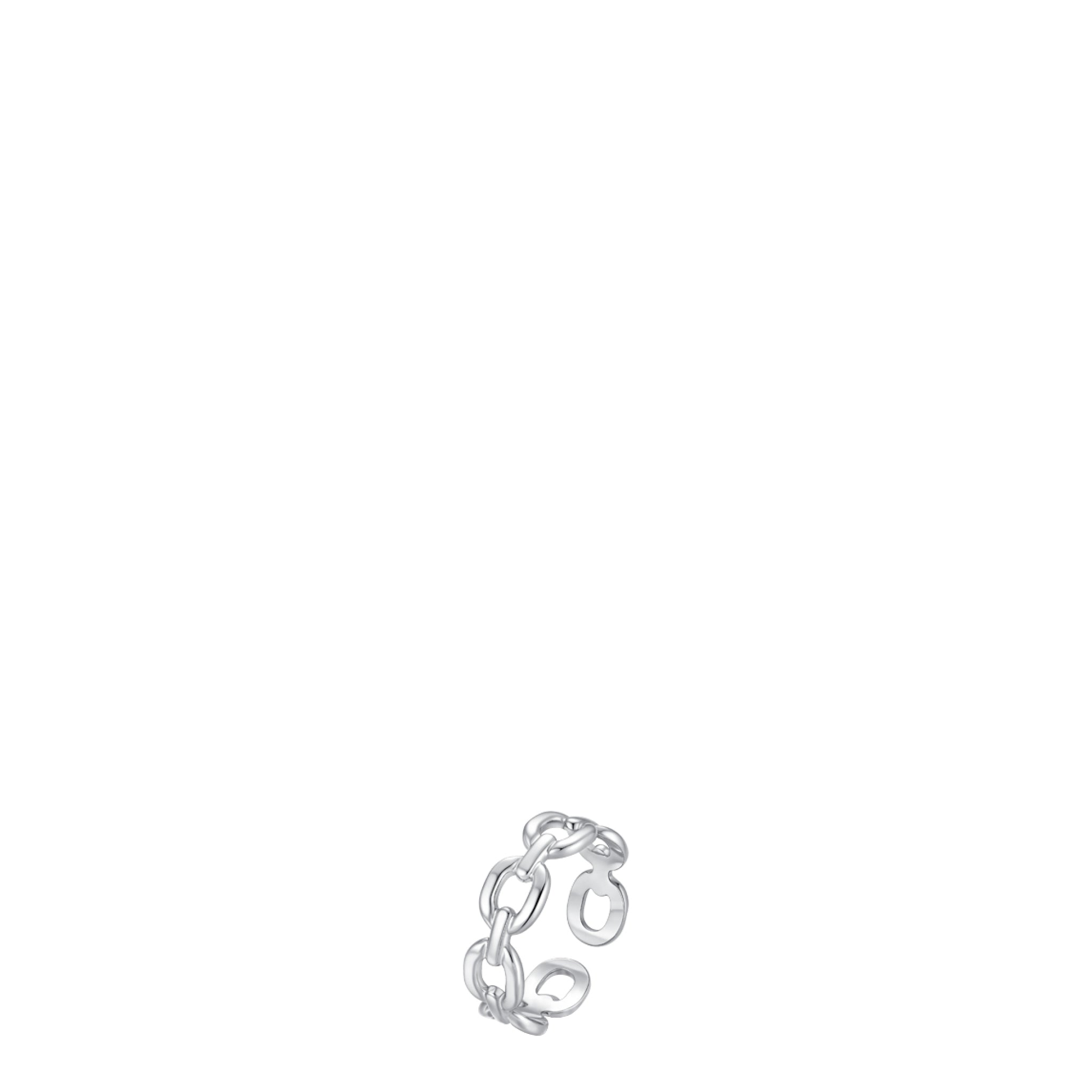 Silver-toned steel chain link ring with an open, adjustable band.