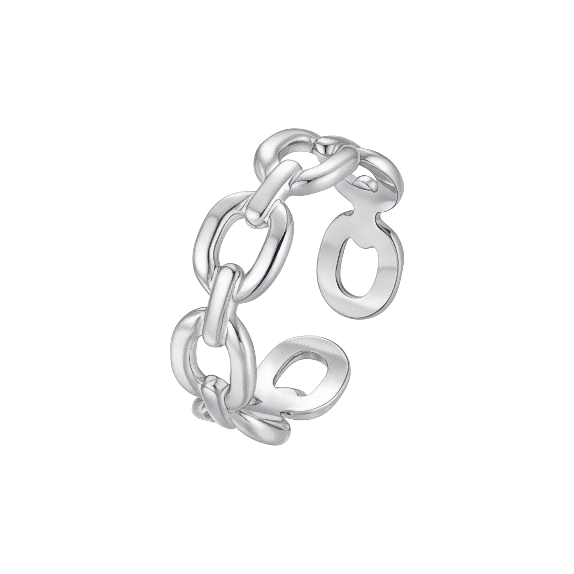Silver-coloured open-ended ring featuring a chain-link design on one side and an abstract, flowing design on the other.