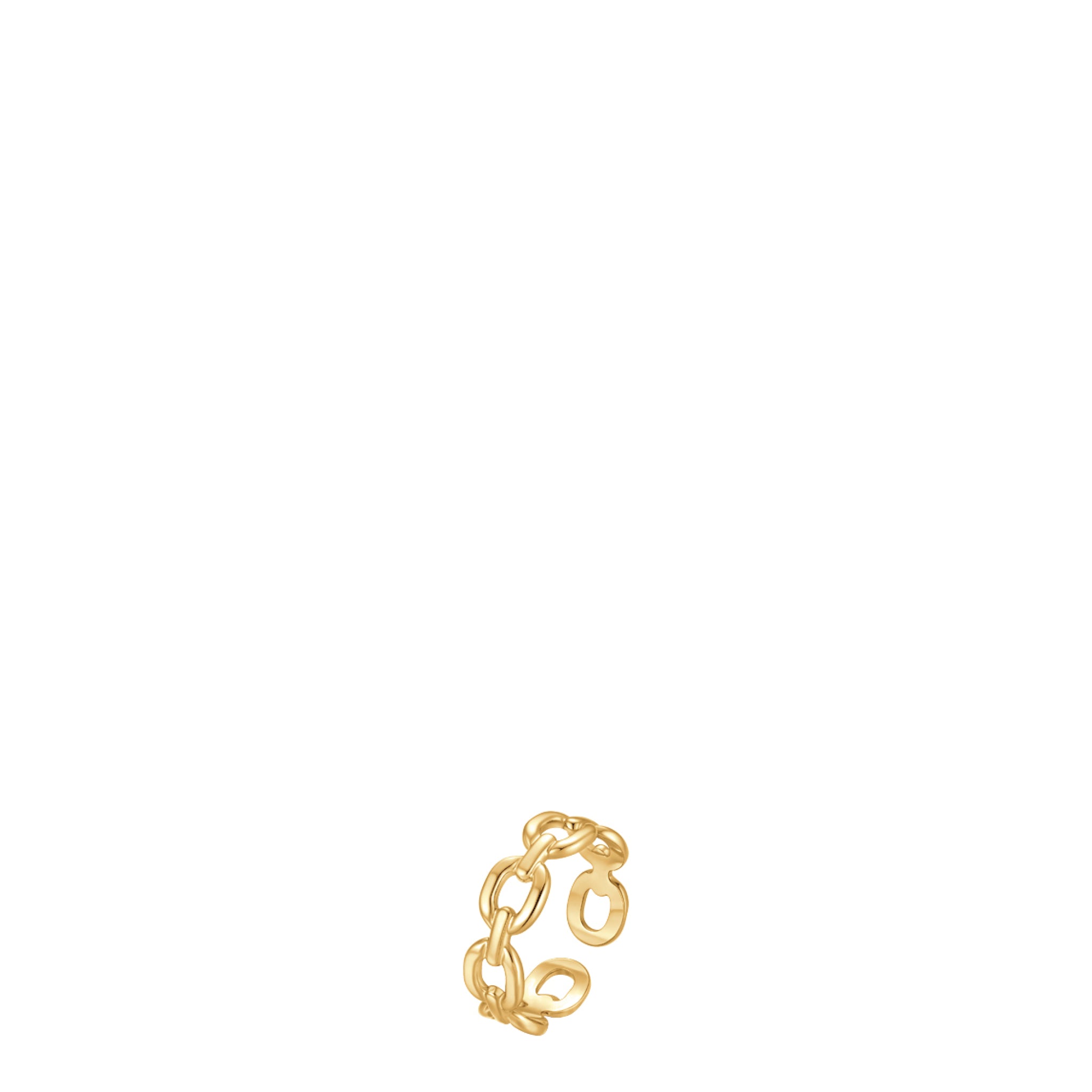 Gold-toned steel ring with a chain-link design, featuring interconnected oval links and an open band.