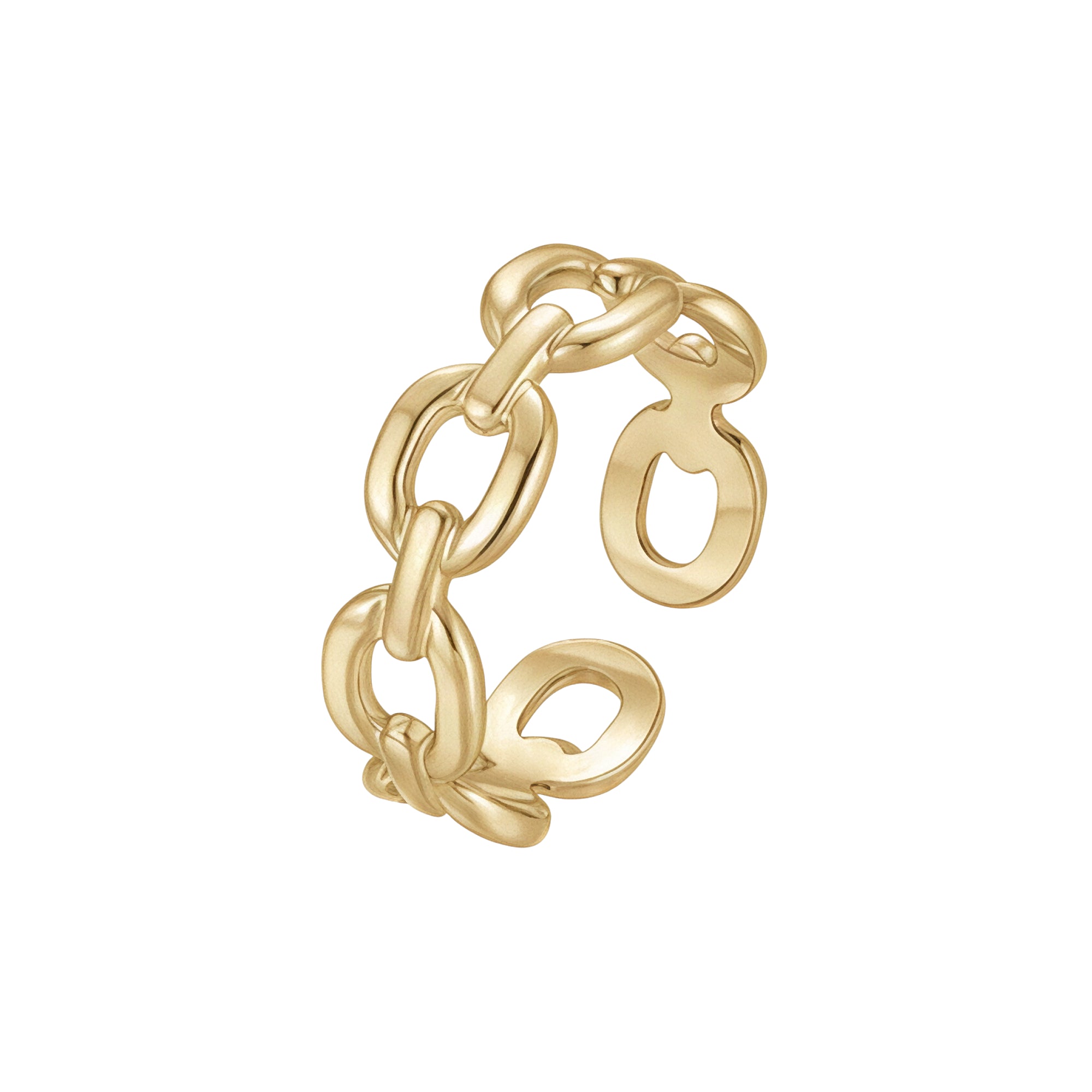 Gold-toned open-ended ring with a chain link design, featuring interconnected oval links and a polished finish.