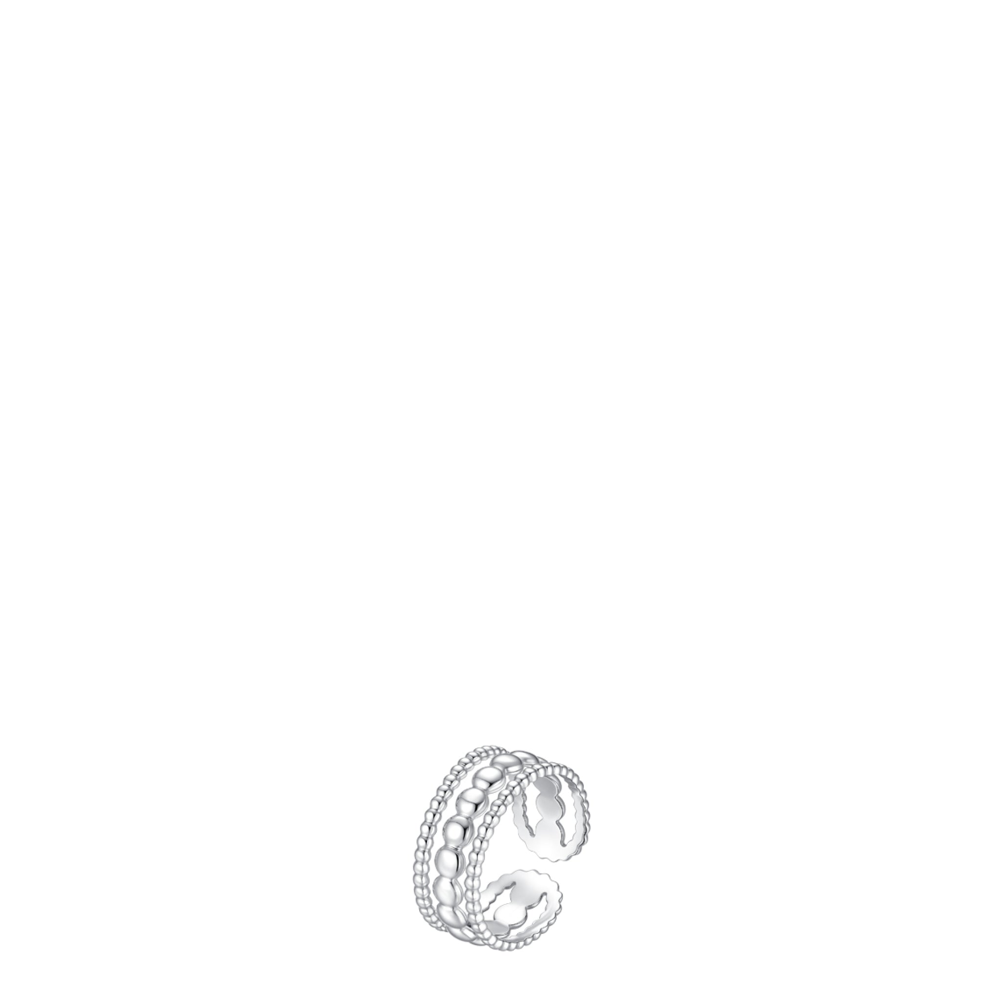 Silver-toned open ring with three bands. The center band features smooth beads, and the outer bands have a twisted, beaded de