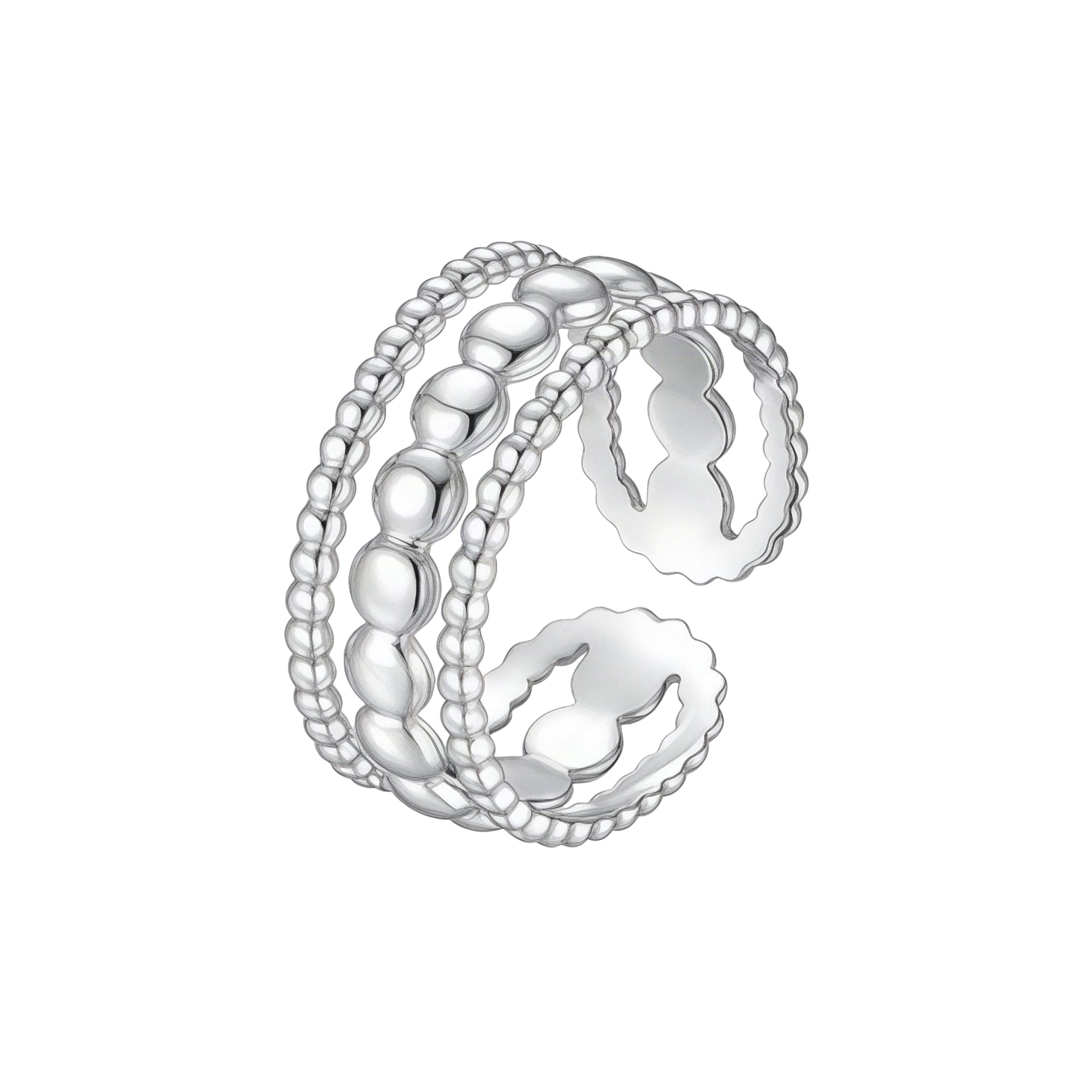 Silver-coloured steel adjustable ring with three bands, two beaded and one central band with smooth, rounded bobble elements.