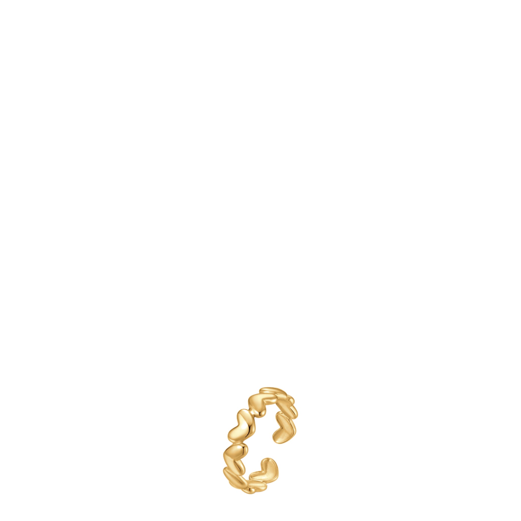 Gold-toned steel open-ended ring with a band of interconnected wavy heart shapes.