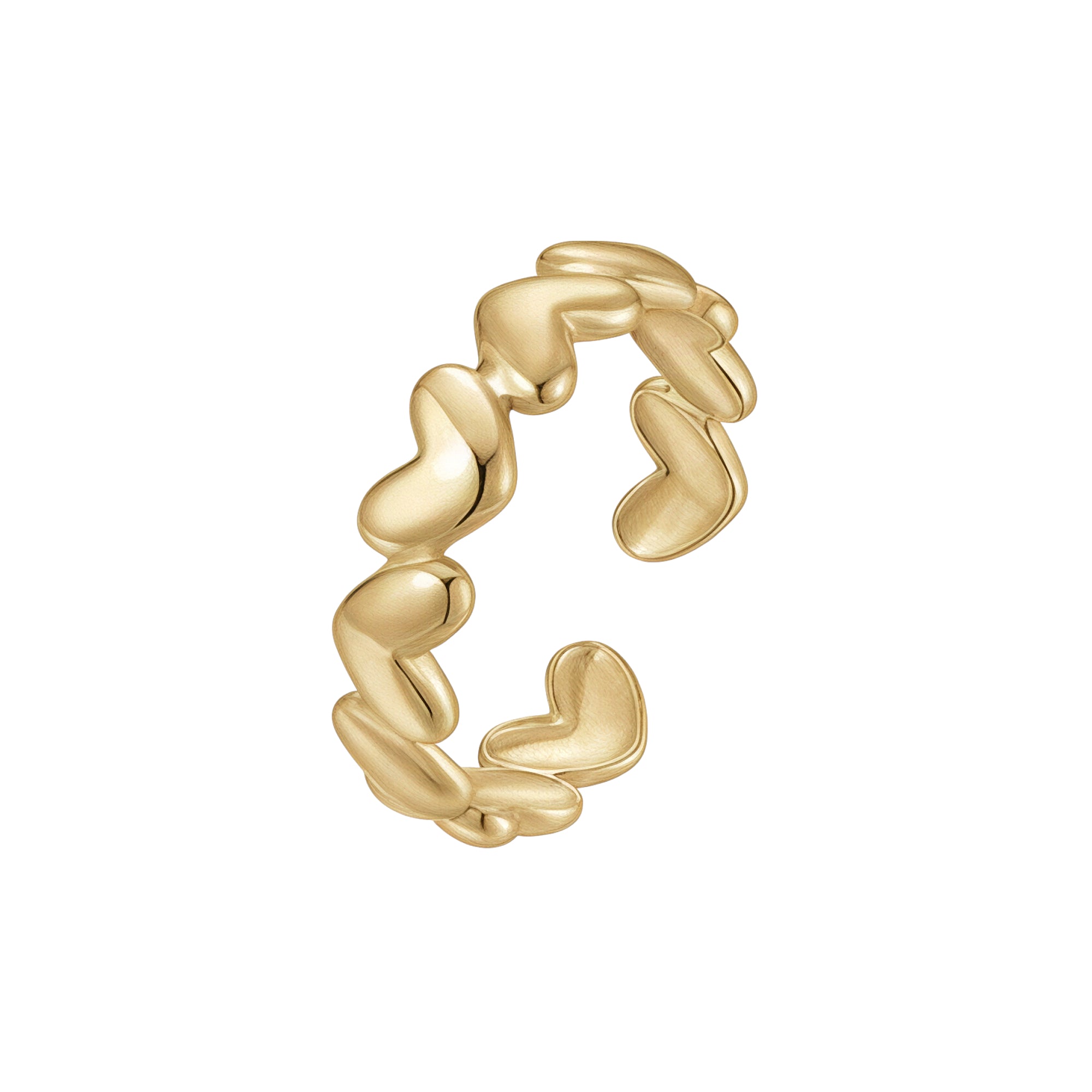Gold-coloured open-ended ring featuring a continuous band of interlocking heart shapes, some polished and some brushed.