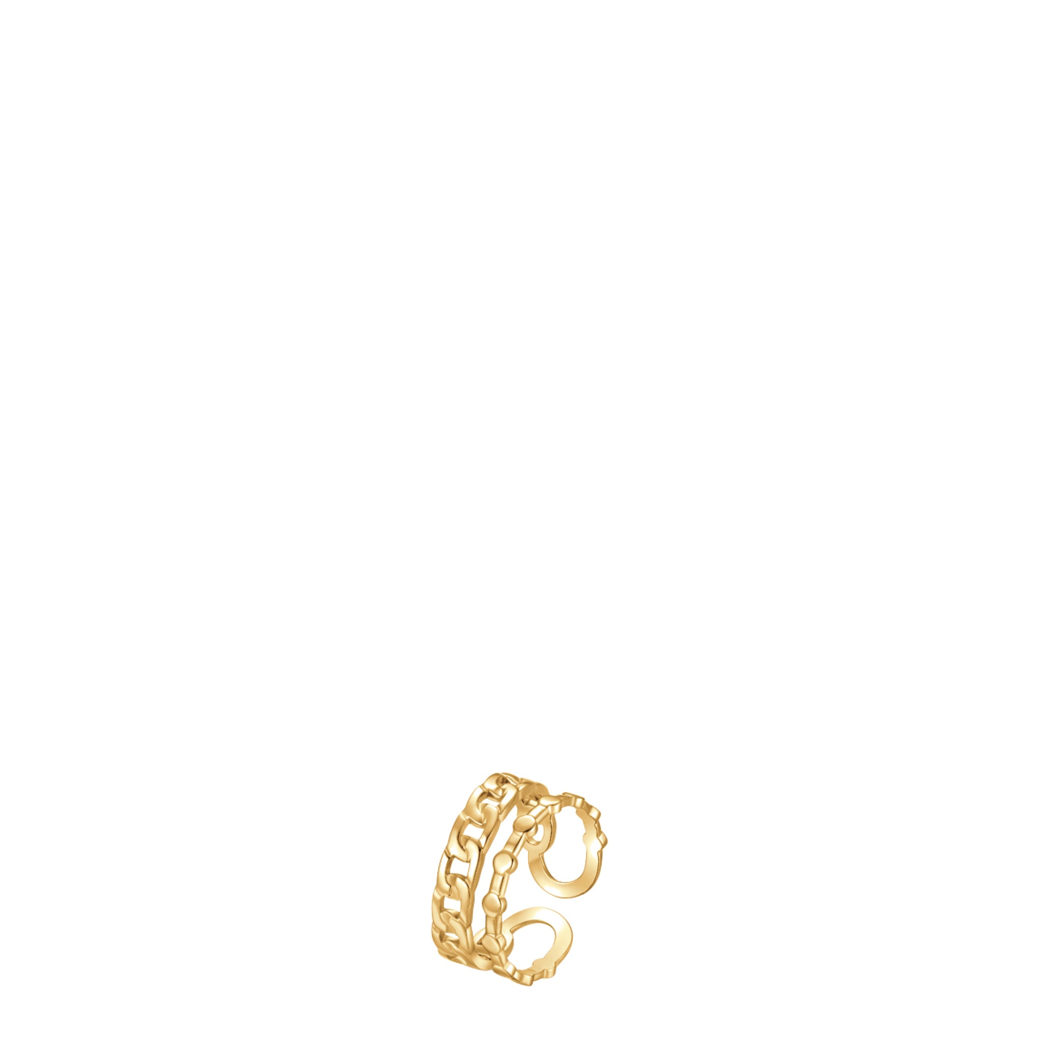 Gold-toned open ring with three layered bands: one curb chain, one beaded, and one smooth.