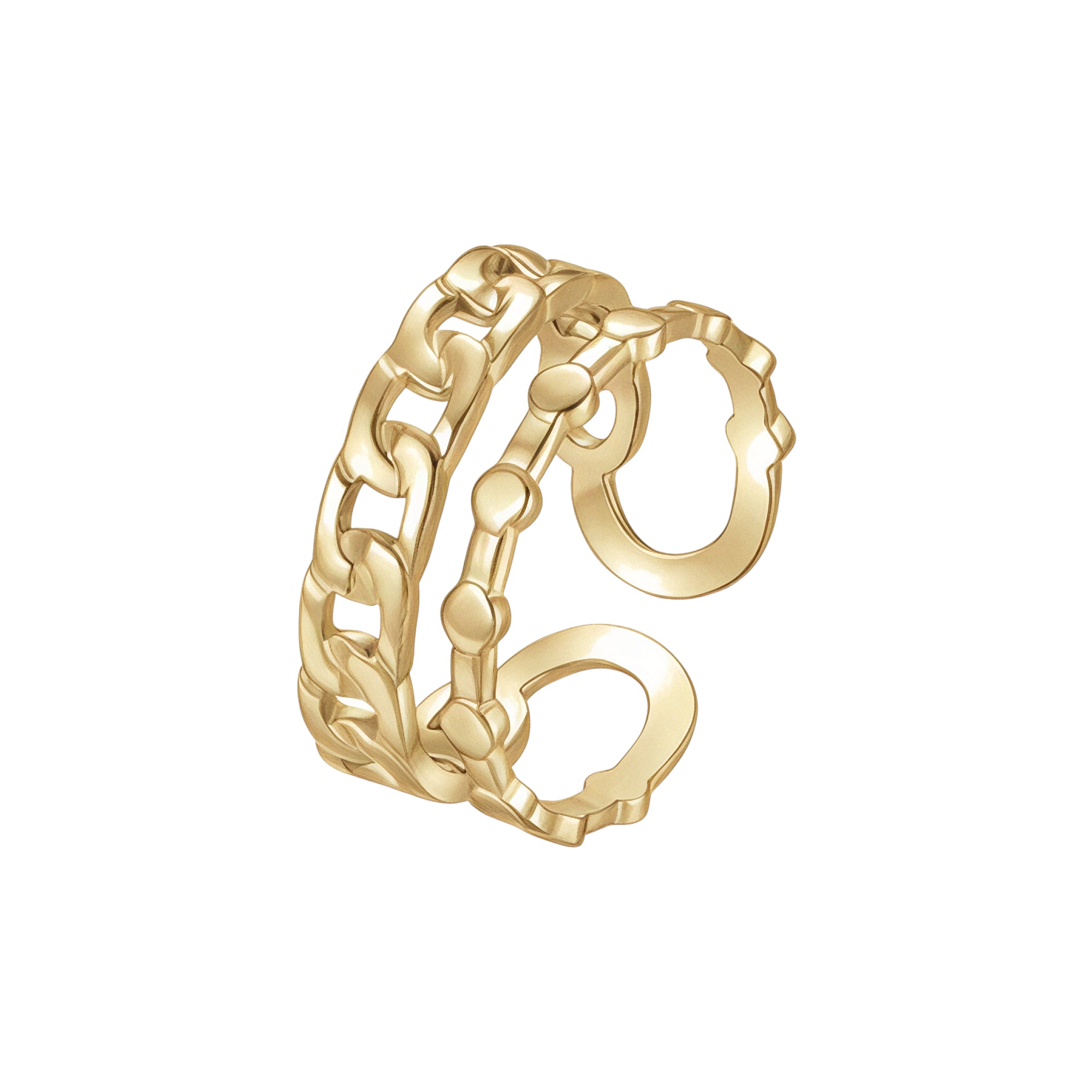 Gold-toned IP gold steel open ring with a multi-band design, featuring a curb chain, dotted bar, and openwork pattern.
