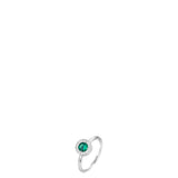 Silver-toned adjustable steel ring with a central green round zirconia stone surrounded by a halo of white zirconia.