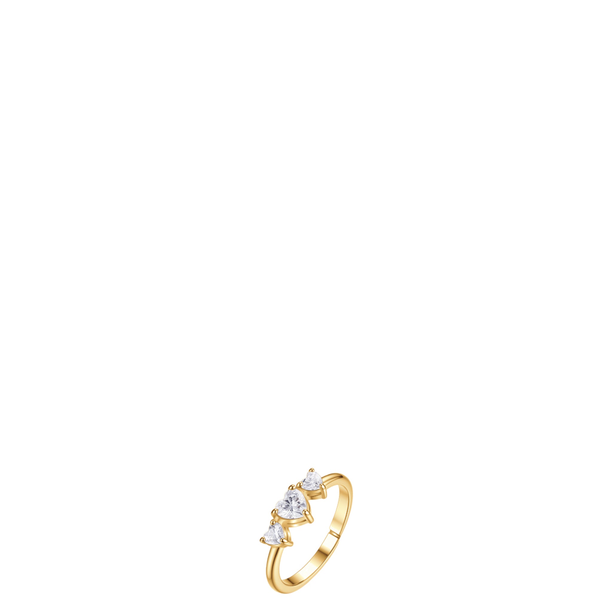 Gold-toned steel ring with three white, heart-shaped zircons set in a row on top.