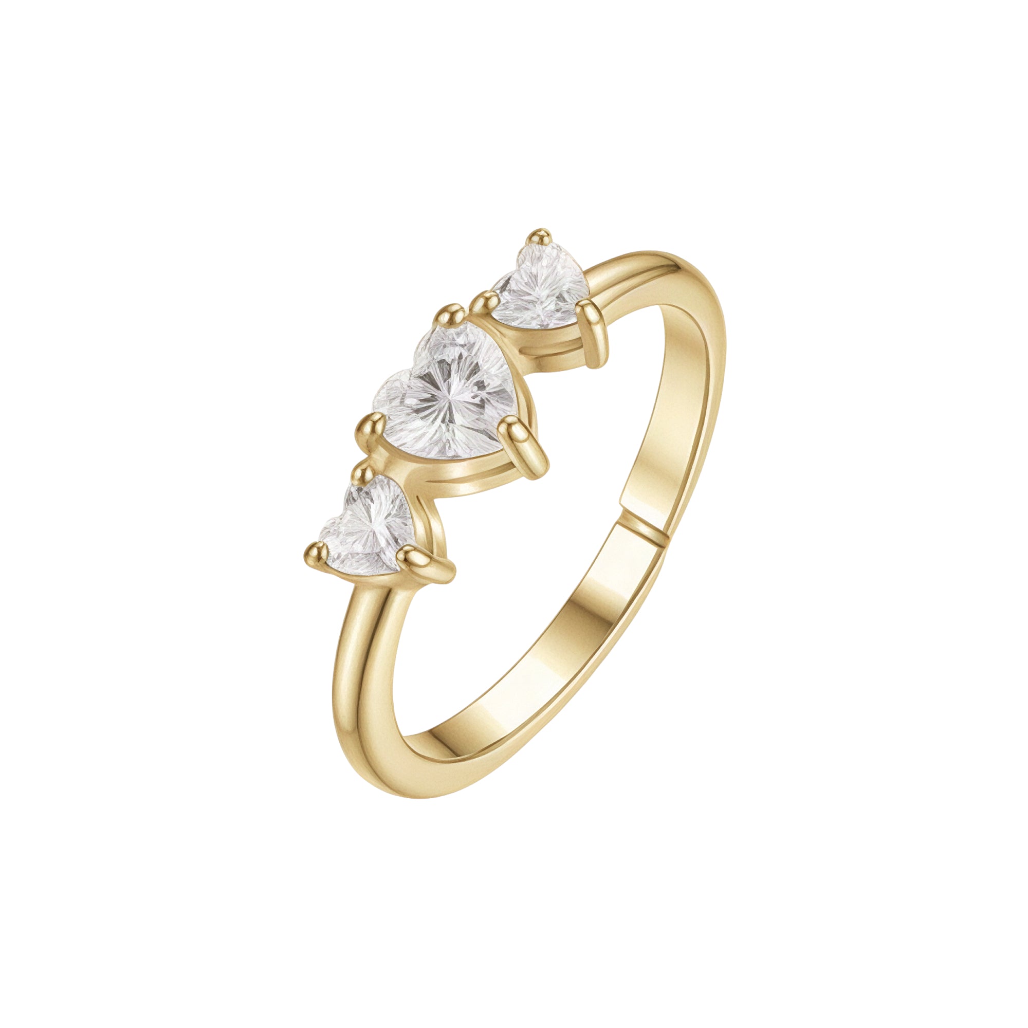 Gold-toned adjustable ring with three heart-shaped white zircons set in prongs.