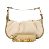 ANNA VIRGILI cream leather padded shoulder bag featuring a soft sculpted design, slim strap, and gold-tone logo detailing.