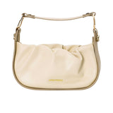 ANNA VIRGILI cream leather padded shoulder bag featuring a soft sculpted design, slim strap, and gold-tone logo detailing.