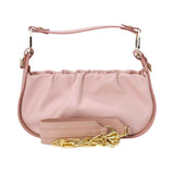 ANNA VIRGILI cream leather padded shoulder bag featuring a soft sculpted design, slim strap, and gold-tone logo detailing.