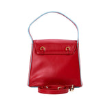 ANNA VIRGILI red leather top-handle bag with structured design, flap closure, light blue trim accents, and gold-tone octagonal hardware.