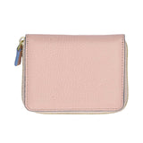 ANNA VIRGILI blush pink leather zip wallet with compact design, gold-tone zipper, contrast pull detail, and minimalist metal logo.