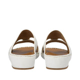 Rear view of a pair of Antonio sandals displaying the clean, white leather-wrapped heel counters of the wedge soles and tonal border stitching against a white background.