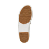 Bottom view of the Antonio sandal outsole showing the white base frame with scale-patterned tan rubber traction pods, genuine leather stamp, and centered brand logo engraving against a white background.
