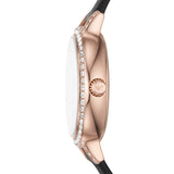 Emporio Armani Women's Rose Gold Case Moonphase Dial Black Leather  Watch