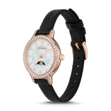 Emporio Armani Women's Rose Gold Case Moonphase Dial Black Leather  Watch
