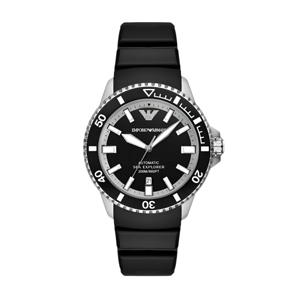 Emporio Armani Sea Explorer Automatic Gents Black Dia Silicone Strap Watch | Fashion Watches | Men | Mens | Mens Watches | new-season-2025 | Watch | Watches