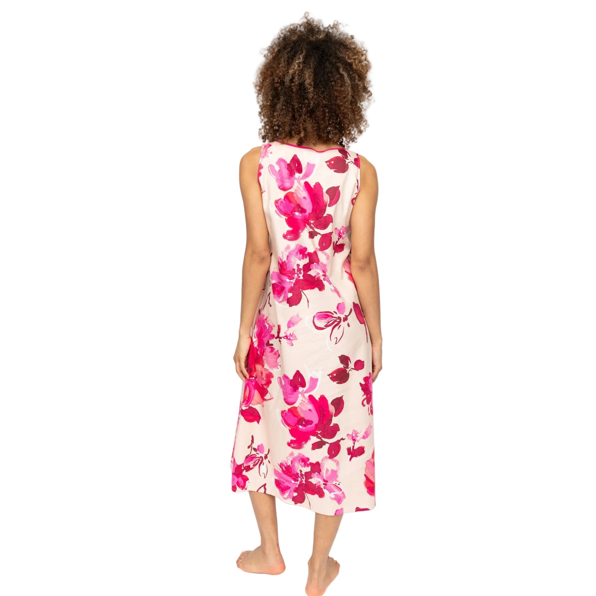 Pale pink sleeveless midi nightdress with a vibrant fuchsia and red floral print and a thin pink neckline trim.