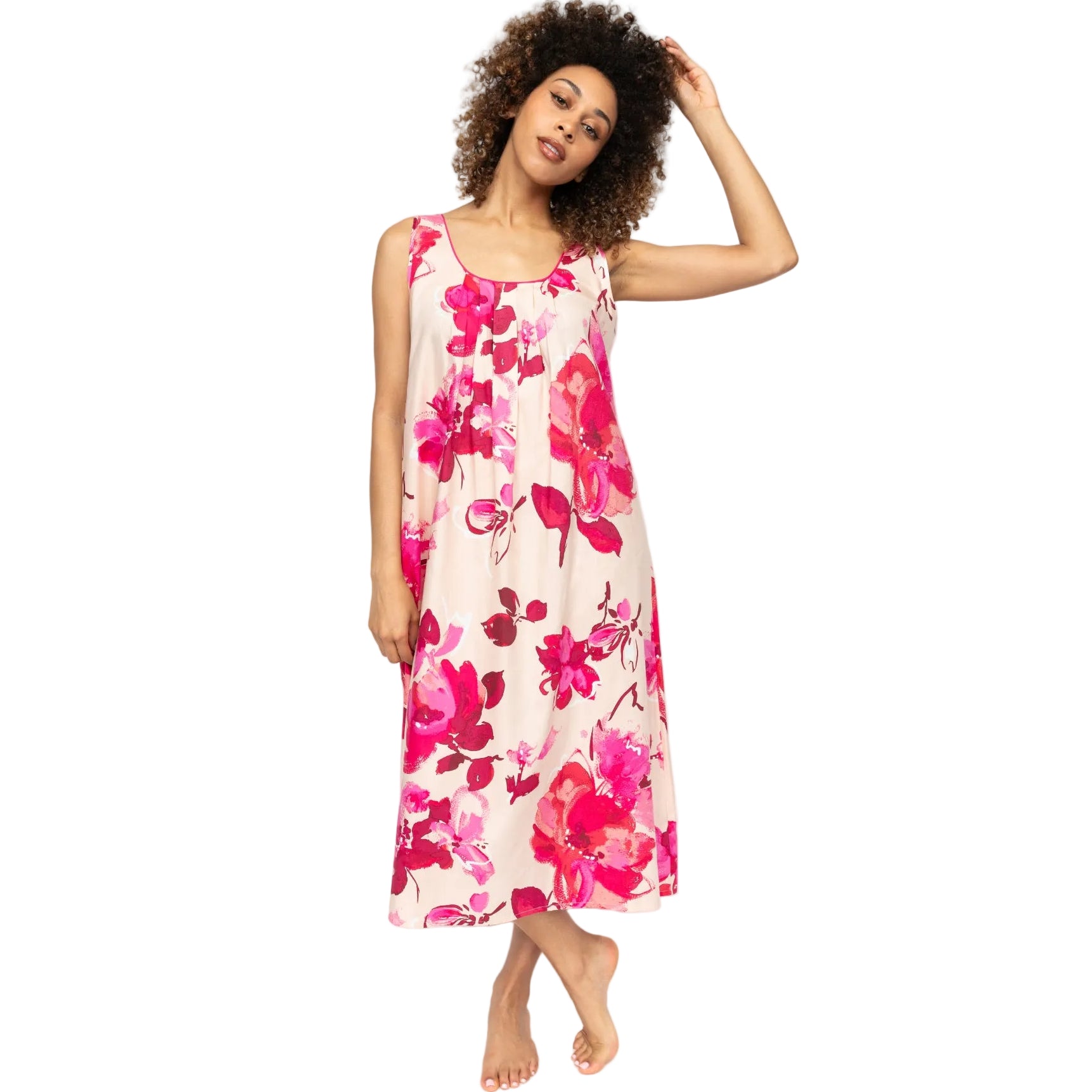Pink floral print long nightdress with a scoop neckline and sleeveless design, featuring front pleating.
