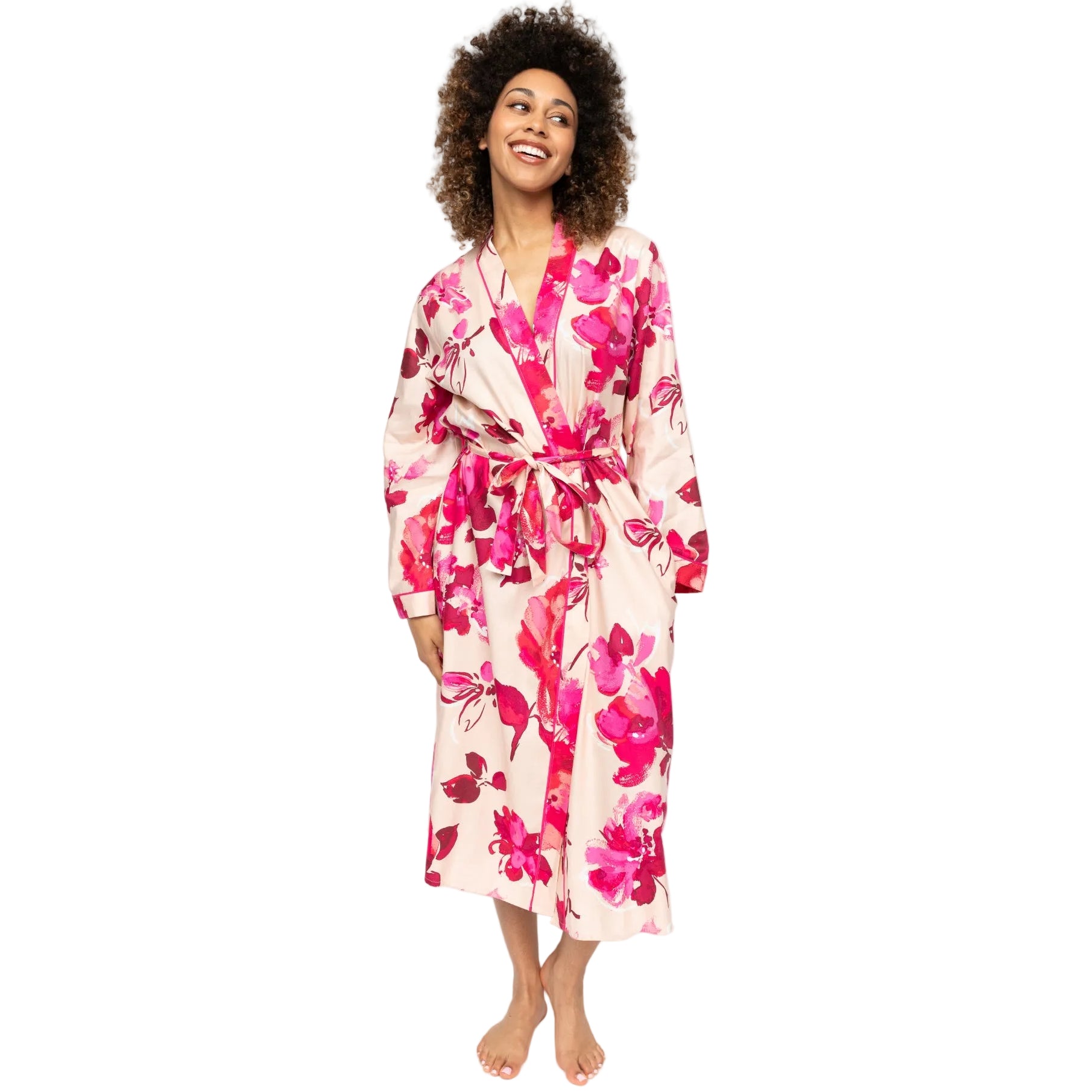 Pink floral print long dressing gown with long sleeves, V-neck, and self-tie waist belt.