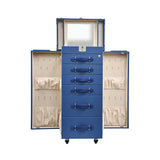 Angled view of the Artisan standing vanity trunk showing the depth of the drawers and the velvet-lined interior compartments.
