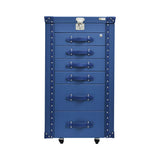 Front view of an Artisan olive green trunk-style jewelry armoire featuring gold hardware, six drawers with handles, and a lockable top.