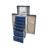 Artisan jewelry chest fully opened showing a top mirror, side doors with necklace hooks and pouches, and six storage drawers.