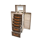 Artisan jewelry chest fully opened showing a top mirror, side doors with necklace hooks and pouches, and six storage drawers.